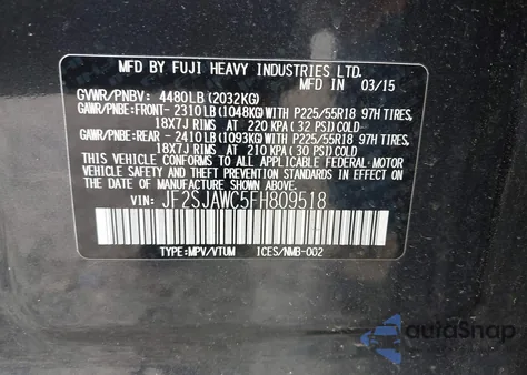 2015 Subaru Forester 2.5I Touring from USA, damaged, VIN JF2SJAWC5FH809518